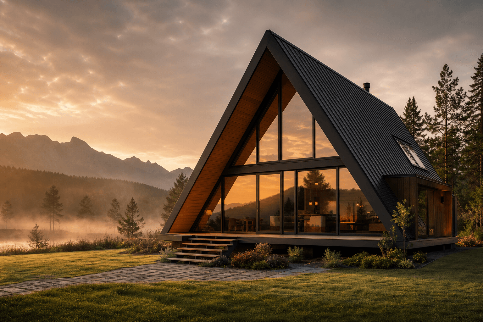 Cabană A-Frame modernă — structură metalică, lemn natural și ferestre panoramice
